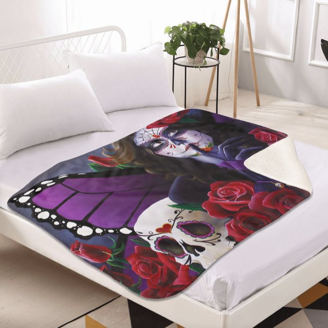 Sugar Skull Red Roses Purple Sherpa Blanket (Creator Uploaded)