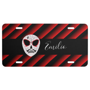Sugar Skull Red Stripes Gradient Name  License Plate