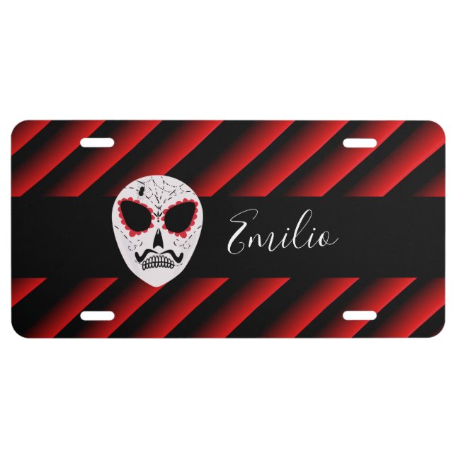 Sugar Skull Red Stripes Gradient Name  License Plate (Front)