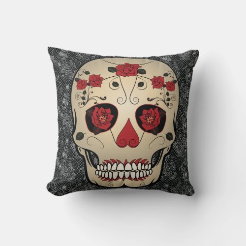 Sugar Skull Rose Day of the Dead Throw Pillow