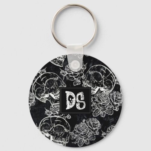 Sugar Skull Roses  Black and White Chalk Grunge Keychain