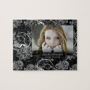 Sugar Skull Roses   Black and White Chalk Photo Jigsaw Puzzle