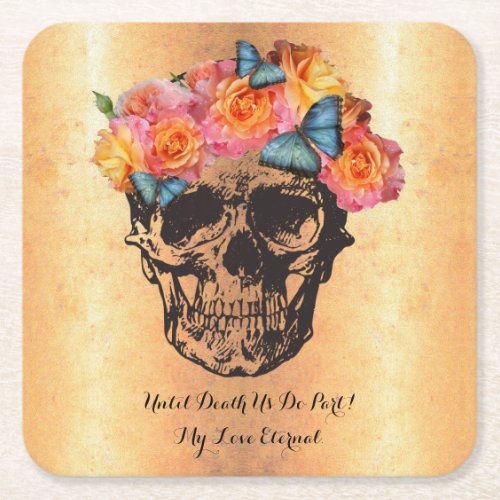 Sugar Skull Roses  Golden Skull Art Square Paper Coaster