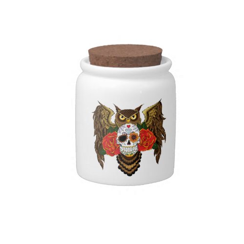 Sugar Skull Roses Owl Candy Jar