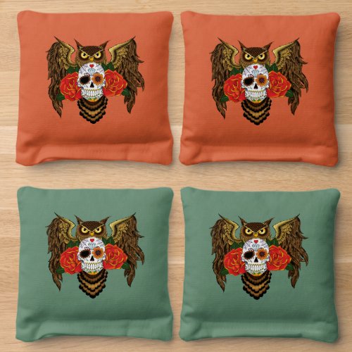 Sugar Skull Roses Owl Cornhole Bags