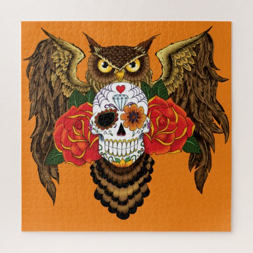 Sugar Skull Roses Owl Jigsaw Puzzle