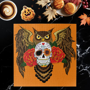 Sugar Skull Roses Owl Jigsaw Puzzle