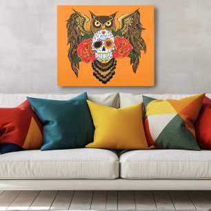 Sugar Skull Roses Owl Metal Print