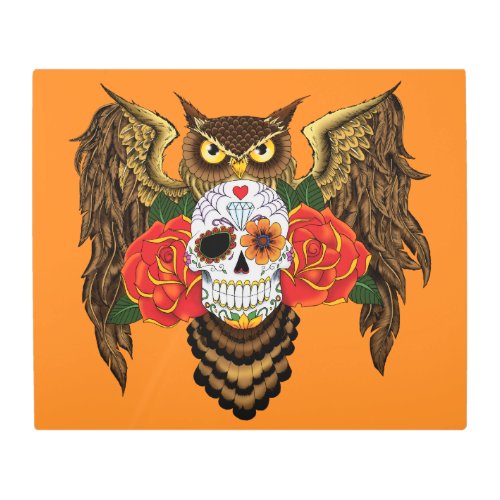 Sugar Skull Roses Owl Metal Print