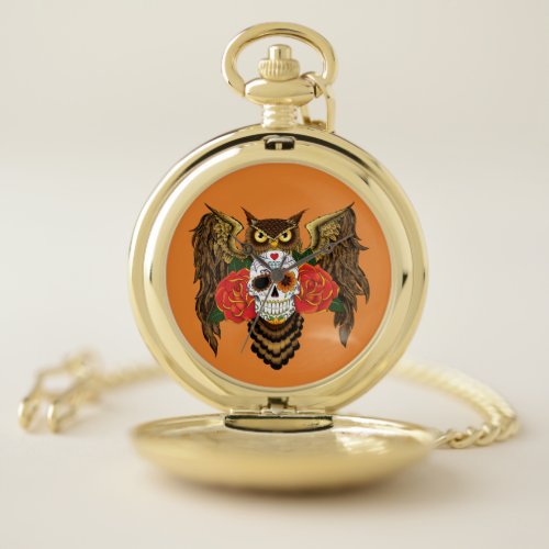 Sugar Skull Roses Owl Pocket Watch