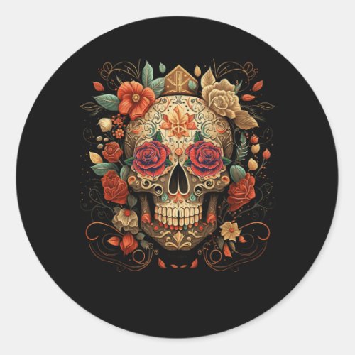 Sugar Skull Roses Three Skull Day Of The Dead Mexi Classic Round Sticker