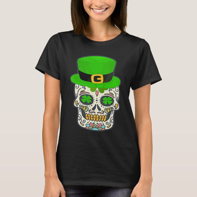 Sugar Skull Saint Patricks Day Of Dead Lucky Hallo T-Shirt (Front)