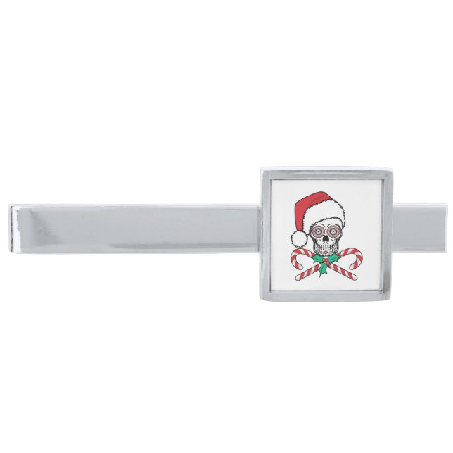 Sugar Skull Santa Silver Finish Tie Bar (Front)