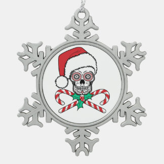 Sugar Skull Santa Snowflake Pewter Christmas Ornament