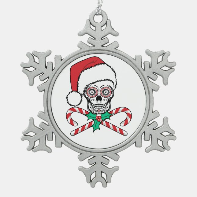 Sugar Skull Santa Snowflake Pewter Christmas Ornament (Front)