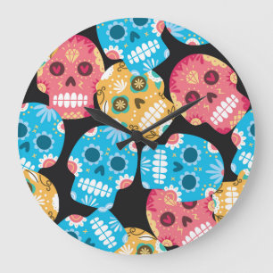 Sugar skull, seamless festive background. large clock