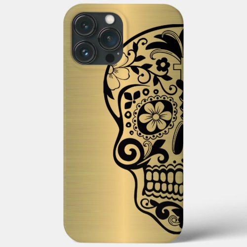 Sugar Skull Silhouette On Faux Shiny Gold iPhone 13 Pro Max Case