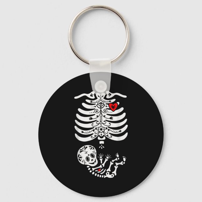 Sugar Skull Skeleton Halloween Pregnancy Annouceme Keychain (Front)