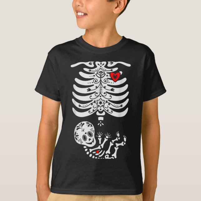 Sugar Skull Skeleton Halloween Pregnancy Annouceme T-Shirt (Front)