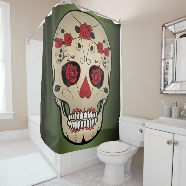 Sugar Skull Skull Face With Lady Bug Eyes Shower Curtain (In Situ)