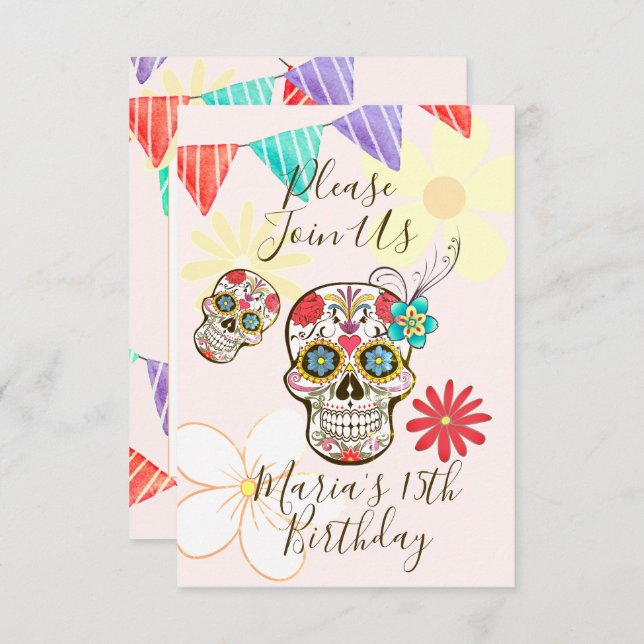 Sugar Skull Soft Peach Rose Hippy Floral Invitatio Invitation (Front/Back)