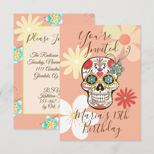 Sugar Skull Soft Peach Rose Hippy Floral Invitation (Front/Back)