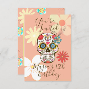 Sugar Skull Soft Peach Rose Hippy Floral Invitation
