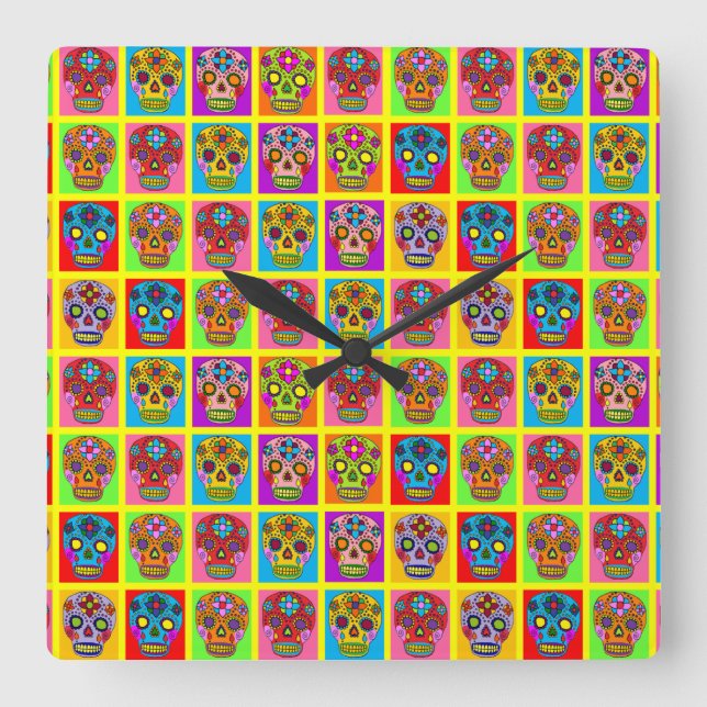 Sugar Skull Squares Square Wall Clock (Front)