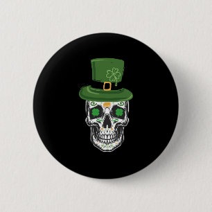 Sugar Skull St Patrick Day Leprechaun Shamrock Button