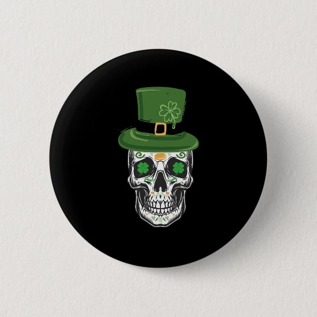 Sugar Skull St Patrick Day Leprechaun Shamrock Button (Front)