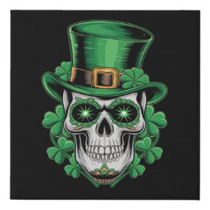 Sugar Skull St Patrick Day Lucky Shamrock  Faux Canvas Print