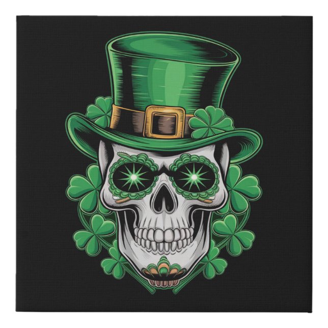 Sugar Skull St Patrick Day Lucky Shamrock  Faux Canvas Print (Front)