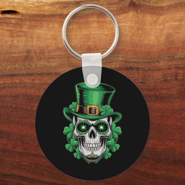 Sugar Skull St Patrick Day Lucky Shamrock  Keychain (Front)