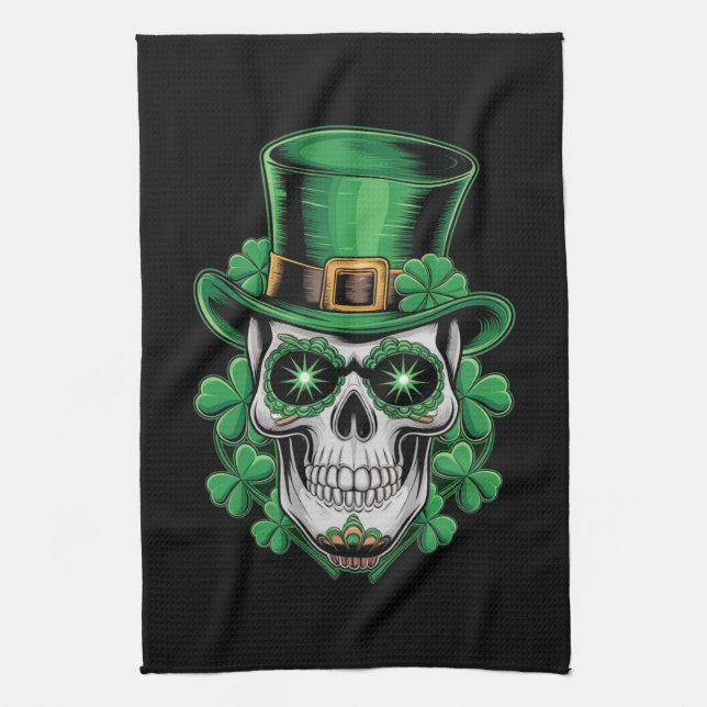 Sugar Skull St Patrick Day Lucky Shamrock  Kitchen Towel (Vertical)