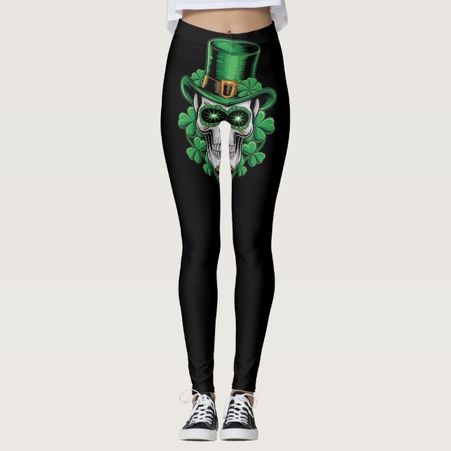Sugar Skull St Patrick Day Lucky Shamrock  Leggings (Front)