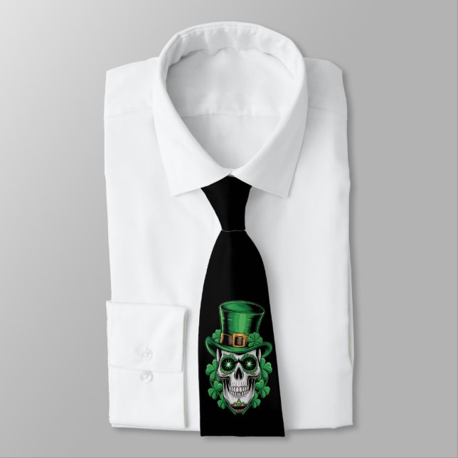 Sugar Skull St Patrick Day Lucky Shamrock  Neck Tie (Tied)