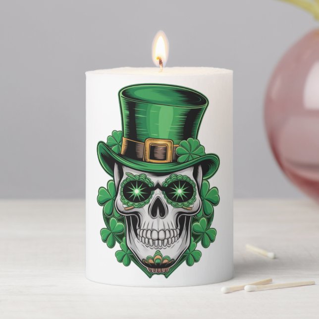 Sugar Skull St Patrick Day Lucky Shamrock  Pillar Candle (In Situ)