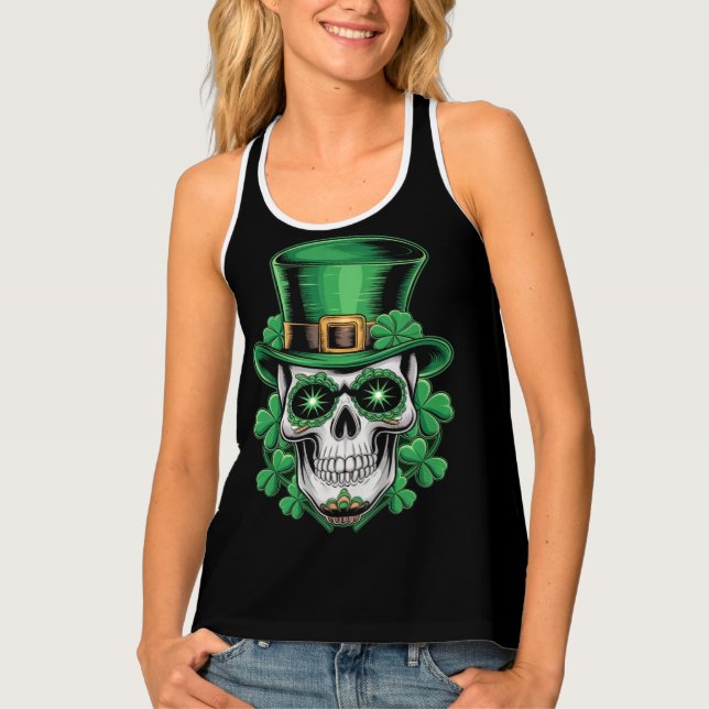 Sugar Skull St Patrick Day Lucky Shamrock  Tank Top (Front)