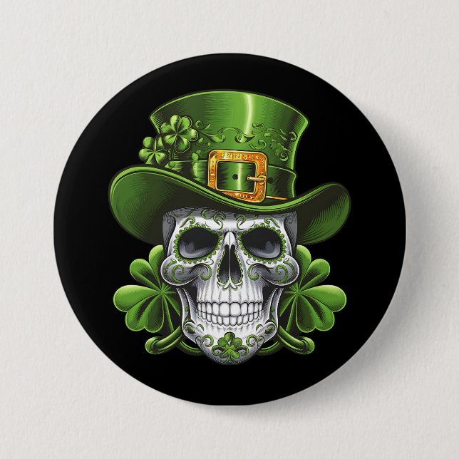 Sugar Skull St Patrick's Day Shamrock Button (Front)