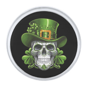 Sugar Skull St Patrick's Day Shamrock Silver Finish Lapel Pin