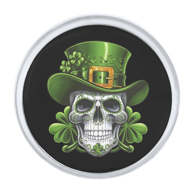 Sugar Skull St Patrick's Day Shamrock Silver Finish Lapel Pin (Front)