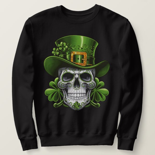 Sugar Skull St Patrick's Day Shamrock Sweatshirt (Design Front)