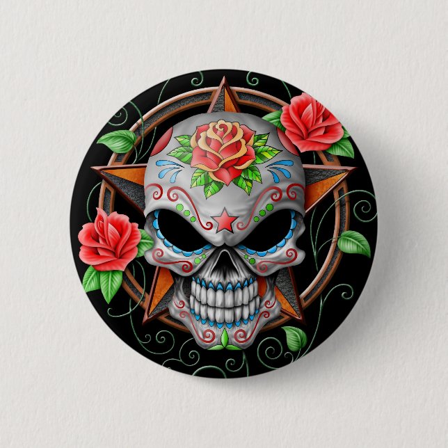 Sugar Skull Star, black Pinback Button (Front)