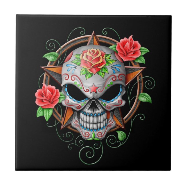 Sugar Skull Star, black Tile (Front)