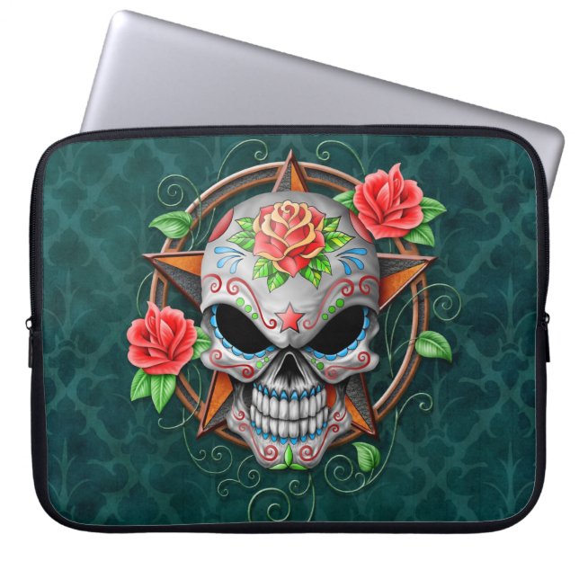Sugar Skull Star, blue Laptop Sleeve (Front)