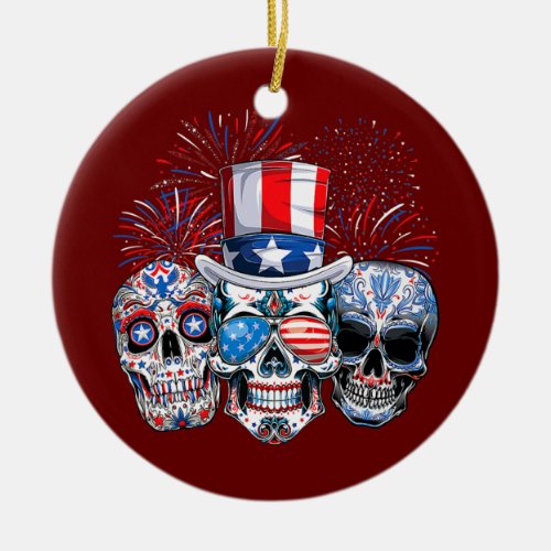 Sugar Skull Sunglasses Firework American Flag 4th Ceramic Ornament