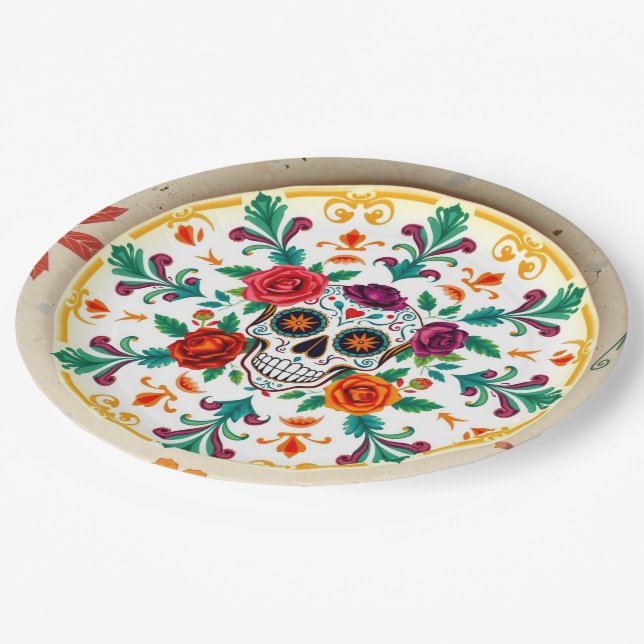 💀🎉Sugar Skull Supperware Día de los Muertos Paper Plates (Angled)