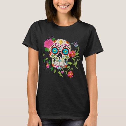 Sugar Skull t_shirts for women floral fiesta