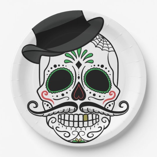Sugar skull w mustache and top hat Paper Plates Zazzlecom