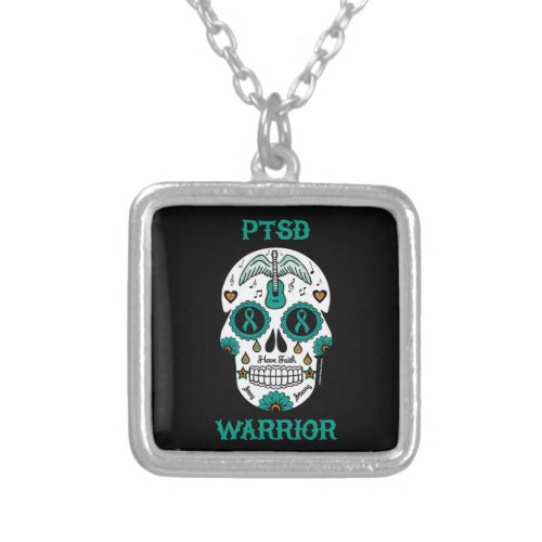 Sugar SkullWarriorPTSD Silver Plated Necklace